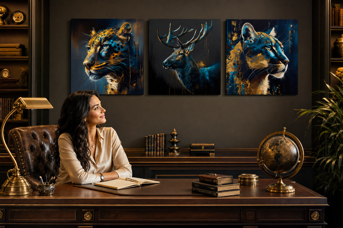 Sada 3 obrazů Safari Gold Papilora – Jaguár, Jelen, Puma – prémiové gallery-wrap plátno v luxusní pracovně