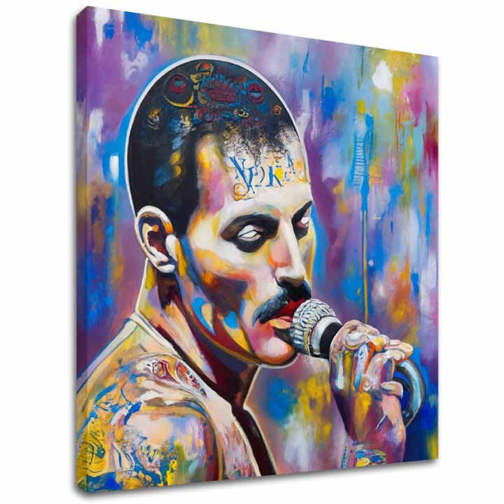 Obraz Freddie Mercury – barevný painterly pop-art portrét zpěváka Queen, ručně dotvořený akrylem na plátně