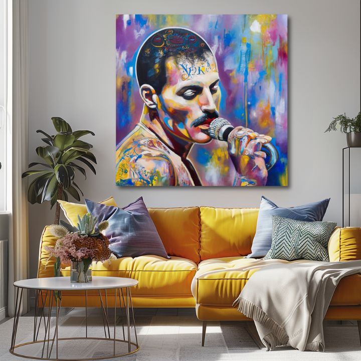 Obraz Freddie Mercury nad žlutou sedačkou v obývacím pokoji – součást setu Rock Legends