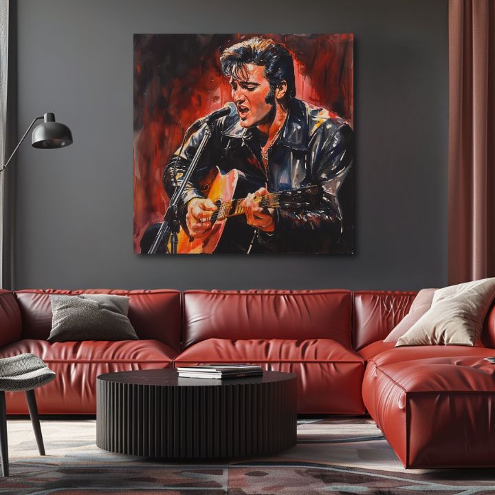 Obraz Elvis Presley nad červenou sedačkou v obývacím pokoji – součást setu Rock Legends