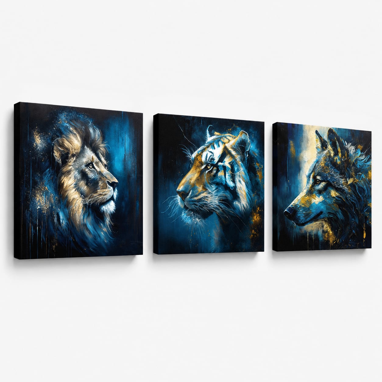 Set 3 obrazů Wild Kingdom – lev, tygr, vlk – gallery-wrap plátno na bílém pozadí, ručně dotvořené akrylem.