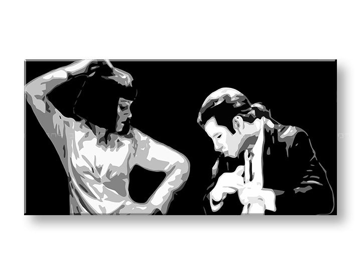 Pop art obraz na plátně s motivem Pulp Fiction, muž v obleku, příroda v bílo-černých odstínech, dramatická atmosféra, vhodný do kanceláře – produkt