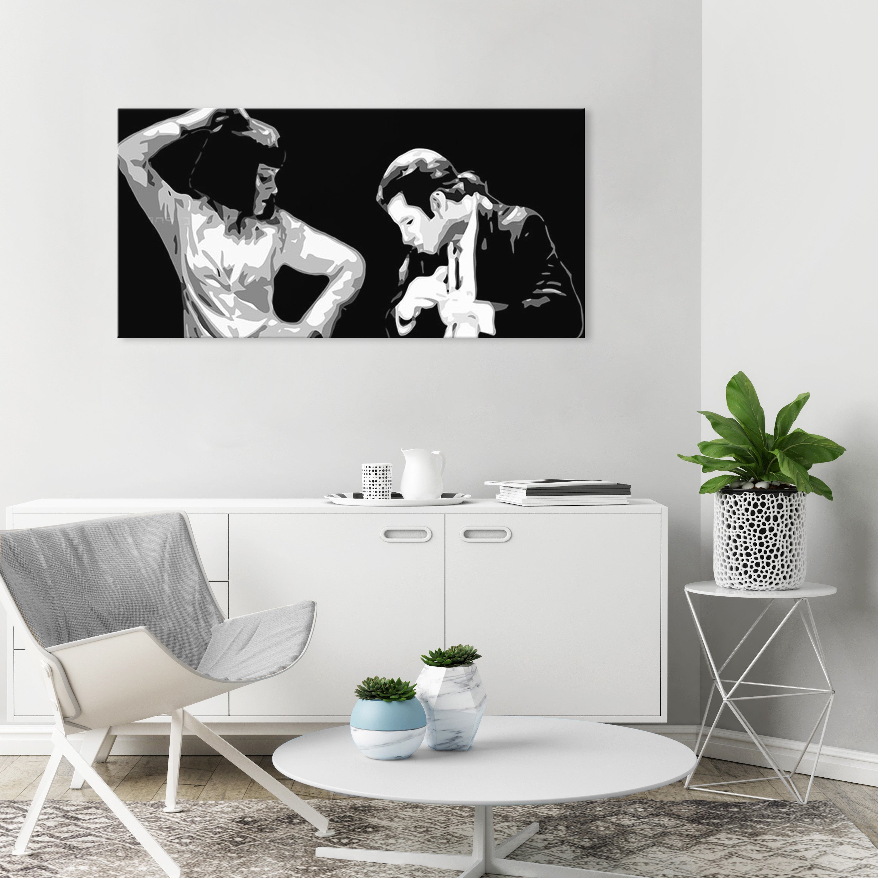 Pop art obraz na plátně s motivem Pulp Fiction, muž v obleku, příroda v bílo-černých odstínech, dramatická atmosféra, vhodný do kanceláře – hlavní