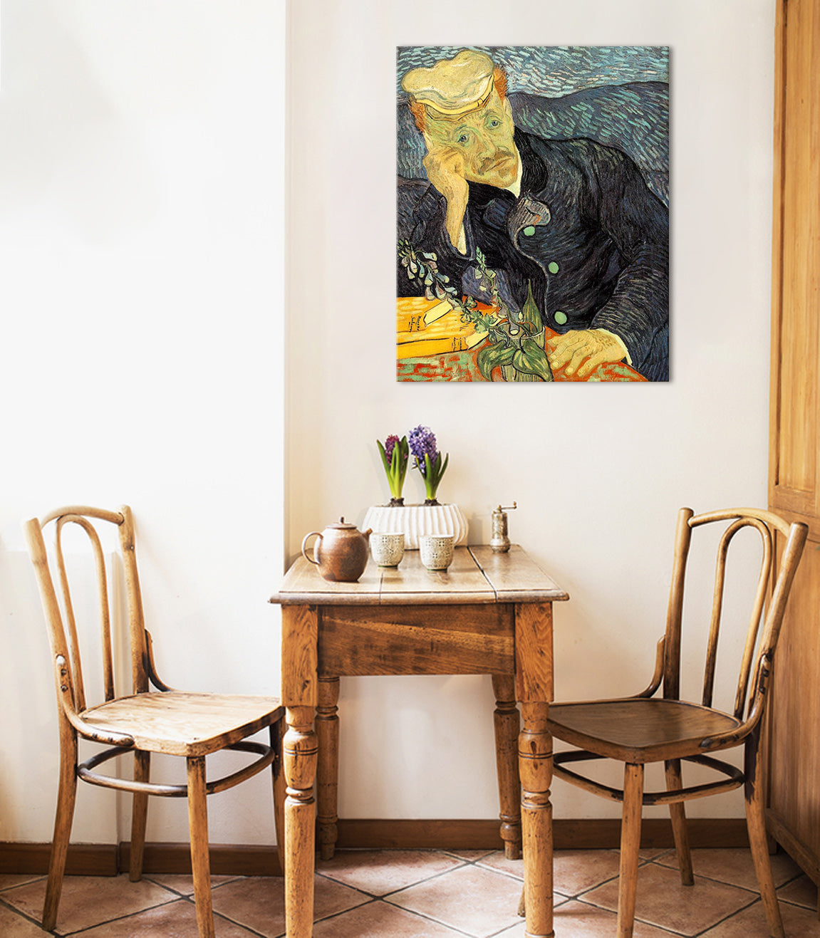 Vintage obraz na plátně s motivem Vincent van Gogh - Portrét dr. Gacheta, květy, příroda v modro-zelených odstínech, kontemplativní atmosféra, vhodný do pracovny – hlavní