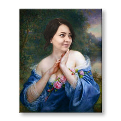 Vintage obraz na plátně s motivem žena, růže, šaty, lidé v béžovo-modrých odstínech, klidná atmosféra, příroda a romantika, vhodný do pracovny – produkt