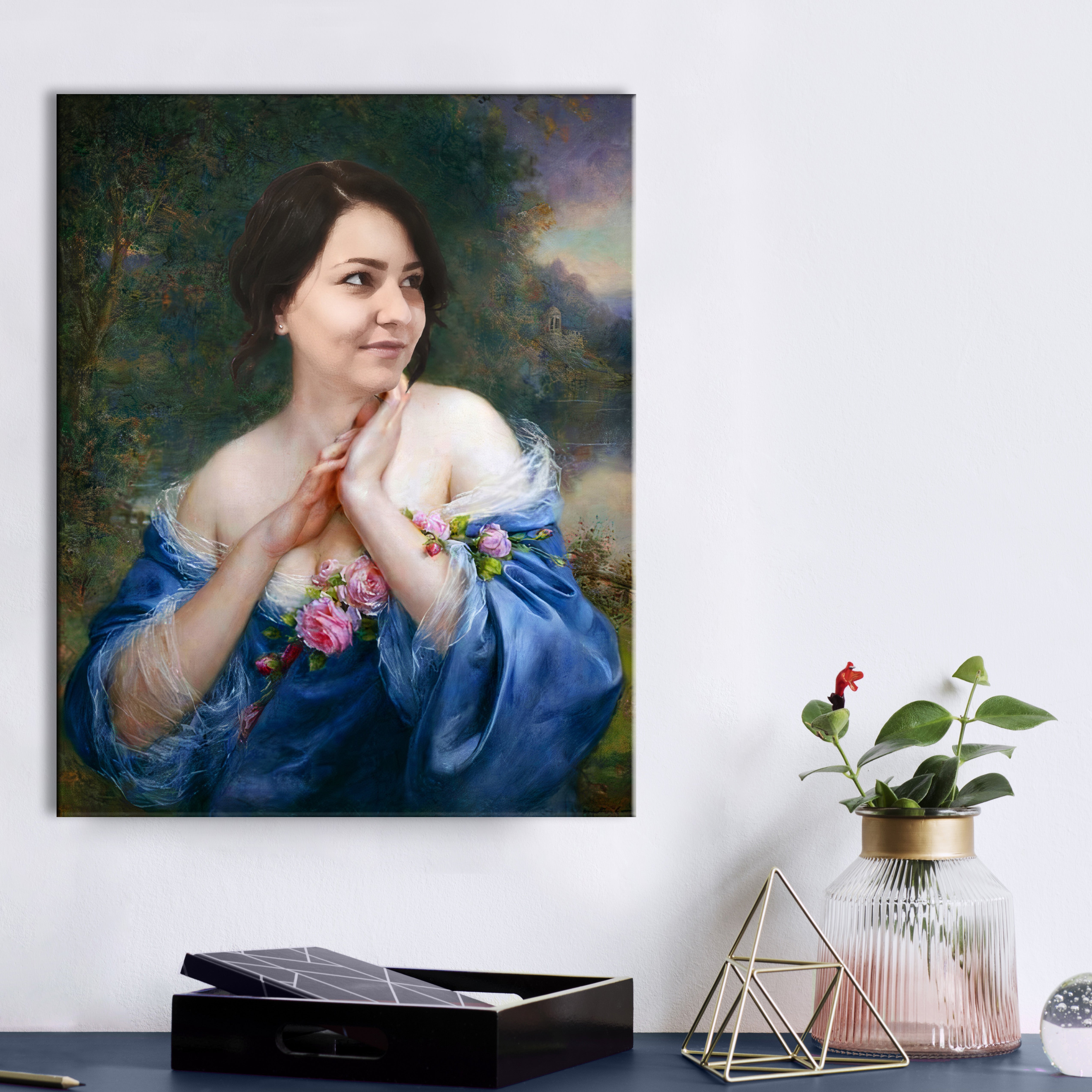 Vintage obraz na plátně s motivem žena, růže, šaty, lidé v béžovo-modrých odstínech, klidná atmosféra, příroda a romantika, vhodný do pracovny – hlavní