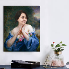 Vintage obraz na plátně s motivem žena, růže, šaty, lidé v béžovo-modrých odstínech, klidná atmosféra, příroda a romantika, vhodný do pracovny – hlavní