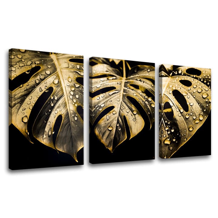 Se zlatým tiskem obraz na plátně s motivem A Morning Hug, příroda v zlato-černých odstínech, elegantní atmosféra, třídílné provedení, vhodný do pracovny – hlavní